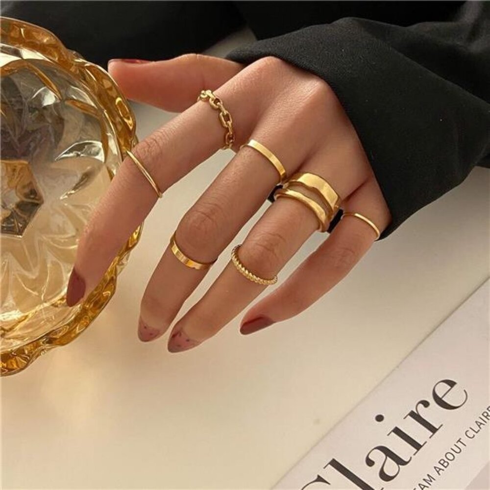 Gold Knuckle Rings Set – Snake Chain, Vintage BOHO Midi Rings, Mixed Sizes - Picture 3 of 5